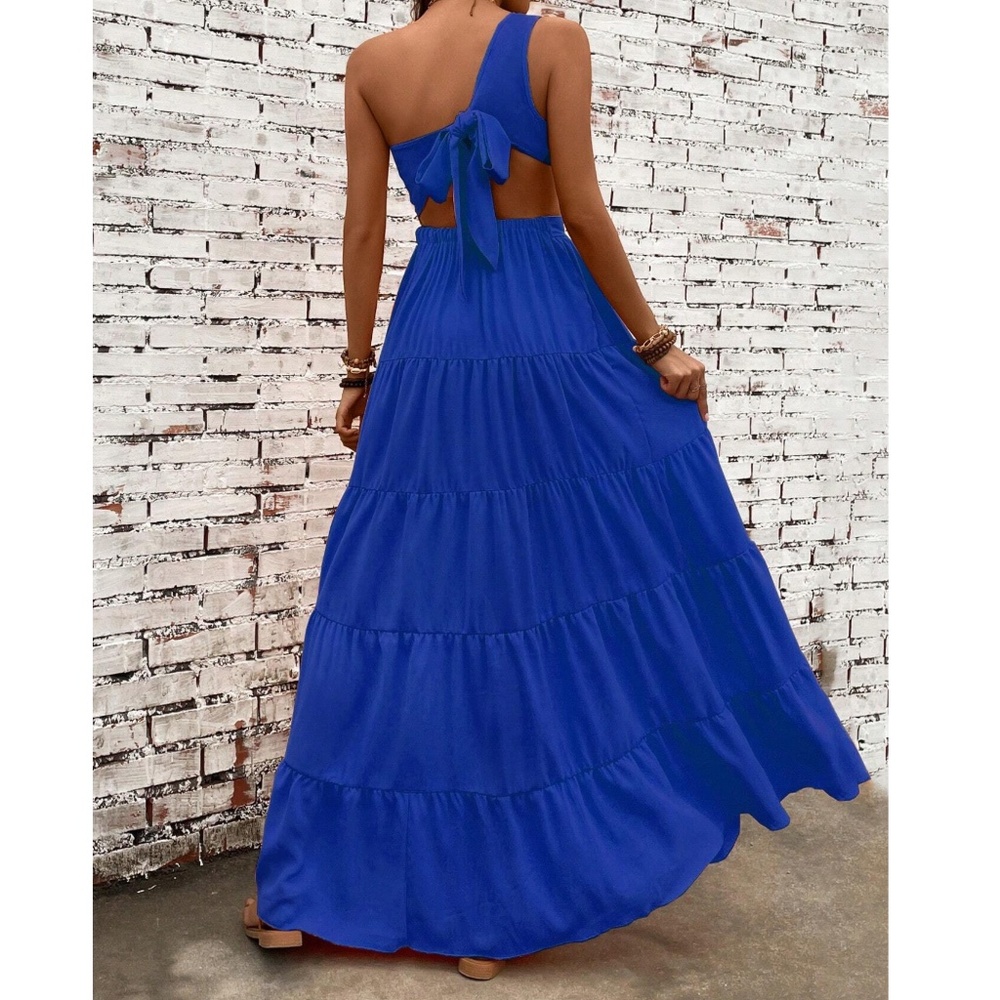 Vibrant One Shoulder Tie Back Stretchy Waist Maxi Dress - Picture 7 of 11